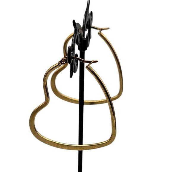 Gold Tone Heart Shaped Hoop Earrings Pierced Ears 2.5" Diameter - Picture 8 of 10